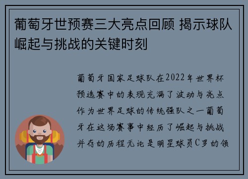 葡萄牙世预赛三大亮点回顾 揭示球队崛起与挑战的关键时刻
